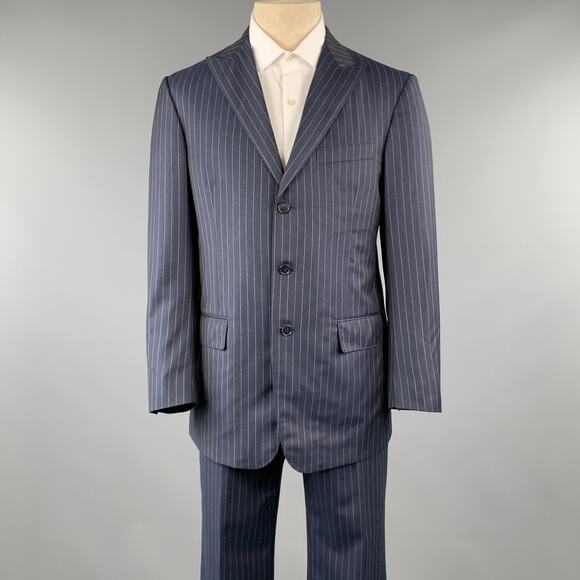 DAVID AUGUST Size 40 Navy & Gray Stripe Wool Peak Lapel 34 x 30 Suit